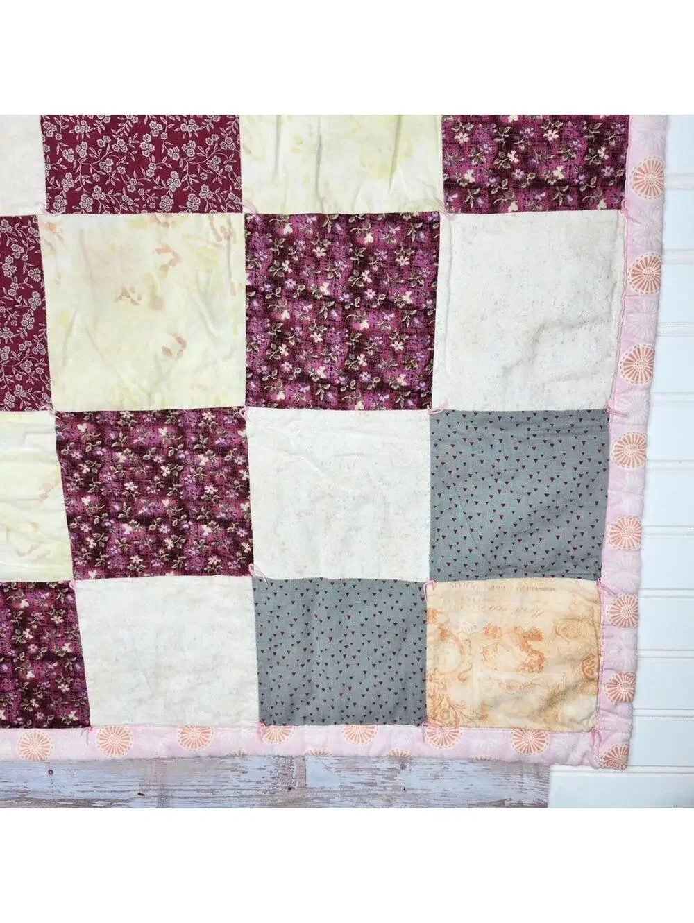 Handmade Vineyard Vibes Patchwork Quilt 36 x 46 Inch Gray Maroon Peach Cream